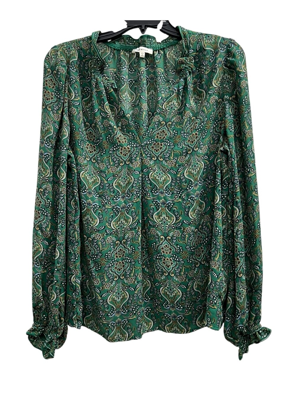 Max Studio green boho print Y neck gathered sleeves blouse sz M